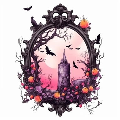 Halloween mirror, dark pink and black color, watercolor, clipart, illustration, white background
