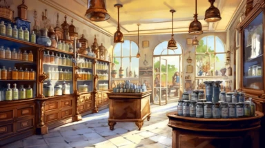 illustration, realistic interior of a vintage 1896 perfumery and pharmacy with some perfume bottle boxes incense boxes, atmospheric sunset lighting, Clipart, watercolor, realistic, full building, highly detailed, hdr, 32K, photo expert quality, watercolor realistic, hyperrealistic and highly detailed