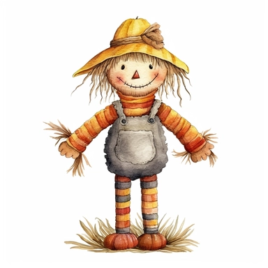 Halloween scarecrow, full color, knitted painting texture, Perfect for nursery art and children's book illustration style, simple, cute, full color, clipart, watercolor illustration, single object, high definition 8k,white background for removing background - - no text shadow font watermark