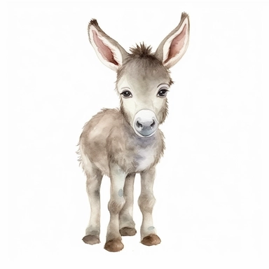 an animated baby donkey with kind eyes clipart with watercolor illustration,full body shot,8k,etsy style, white background