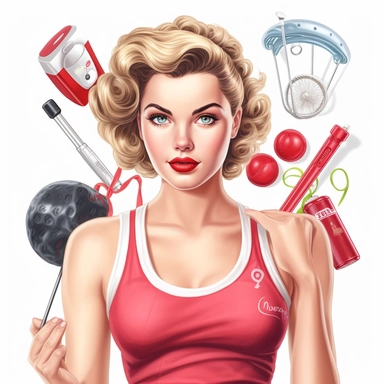 beautiful pretty pin up woman, makeup and hair 50's style, diferent workout poses,with gym clothes and gym stuff 50's style, paint art style, detail, clipart, white background, superrealistic, one of a kind
