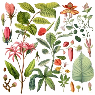 Clipart, vintage, watercolor, historical drawings of diverse and exotic Amazonian flora by pioneering botanists, hand-draw, texture