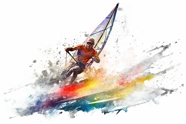 Watercolor, Craft an action shot of a windsurfer riding the waves with skill clipart, hd, on a white background, spaced out