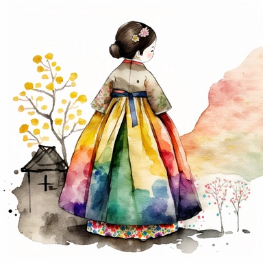 a cute little girl is wearing Korea traditional dress Hanbok. watercolor clipart, the skirt layers are designed to create a full and flowing silhouette, rainbow color jacket, The jacket worn by women in the royal family has long sleeves that are wide and 