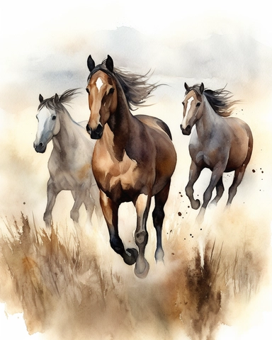 Watercolor painting style, Wild horses galloping in the steppe clipart, vintage, wyite background