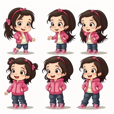clipart little girl, 4 years old, cute, 4 different poses with same outfit on each, front and side view, wearing pink plain closed jacket, pink plain trousers no pattern, pink shoes, black hair, smiling