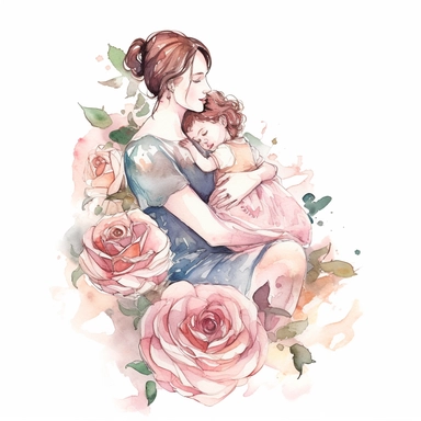 complex watercolor illustration of mother with holding child covered with pastel roses,motherly love, isolated ,disney style,concept,art,8k,hd,watercolor,detailed,white backround,clipart
