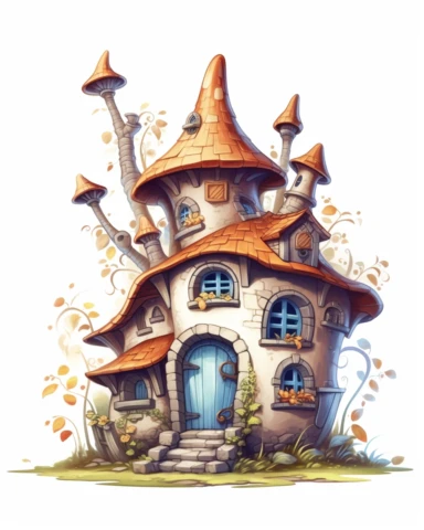 enchanted detailed fantasy fairy tale elf house in cartoon style, creamy warm blue colors on white plane background, impressive, clipart