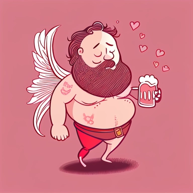 nthropomorphic bearded beer belly man with fairy wings, Beer Cupid, Drunk, red and pink, cartoon doodle, funny, cute, valentines day art, no words, vector clip art, detailed lines, plain background