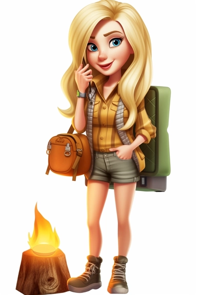 pretty mom blonde hair in a camping outfit, cartoon style, clipart, white background, transparent background