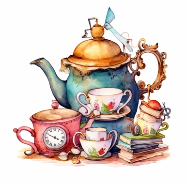 a Cute little a tea set, alice in wonderland inspired mad hatter tea party , Watercolor Clipart,white background Clipart ,single design, single object, watercolor illustration by Lizzie Mackay ,print on demand image, PNG transparent background, white background for removing background