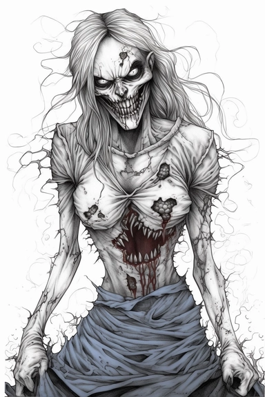 a college girl, fit-thick-build, wearing a high skirt and a cropped linen shirt, plunging neckline terrifying and evil Female Zombie, Full body, dripping liquid hand drawn, white background, pencil sketch, black and white, line art, coloring page for adults, printable outlined art, thin lines, intricate details, crisp lines, highly detailed, illustration, digital art, vectro, clip art, kawii, detailed grayscale, hand drawn art, charcoal sketch