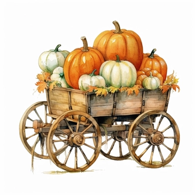 watercolor clipart, pumpkins in a four wheeled cart, white background