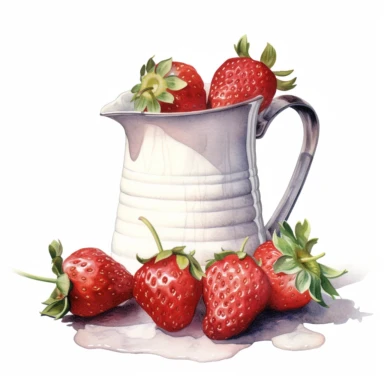 realistic high detailed watercolor strawberries and a jug of milk clipart, white background,