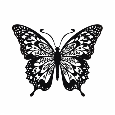 butterfly black silhouette with white highlights on white background, flat svg clipart style, high quality, details