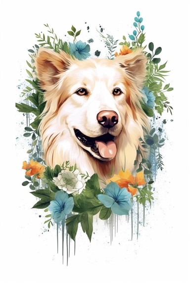 white background, dog, 3d, super closeup, sticker, photorealistic, artwork of t shirt graphic of majestic forest, in digital painting style , beautiful flowers, sunset mountains and clouds , big vines, plants sorround, highly detailed clean, vector image, photorealistic masterpiece, professional photography, realistic, flat white background, isometric, vibrant vector, clipart, illustration, realism, 4k, , cinematic, front view, paradise, extremely white background