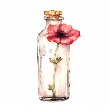 poppy ina glass bottle, clipart, watercolor, white background