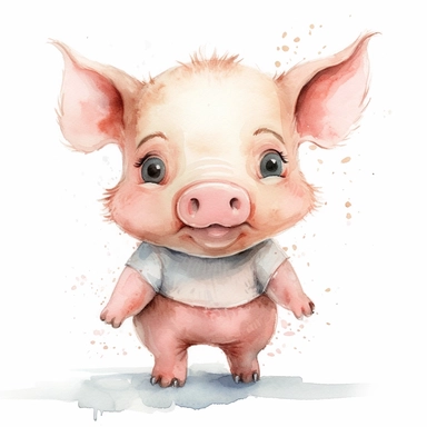 a clipart of a cute little piglet facing the camera, big eyes, funny snout, antrophomorphic character, smiling, optimistic, wearing a dress, studio Ghibli style, water colours and ink with dark outline, white background, facing the camera, seen from medium perspective, whole body image