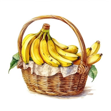 picturesque, simple, bright, the best simple Assorted banana in a basket in the world, clipart on white background, watercolor, painted by Beatrix Potter, 8k