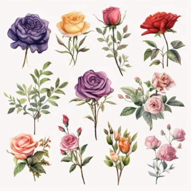 watercolor, Beautiful romantic flower collection with roses, leaves, floral bouquets, flower compositions. png Full body realistic cartoon in 32K UHD cute. 15 cm thick outline. Black color. There was no shadow on the ground. 8k with realistic watercolors and detailed illustrations. PNG clipart, transparent white background