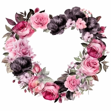 isolated detailed floral pink to black ring in a shape of a heart, watercolor clipart, white background