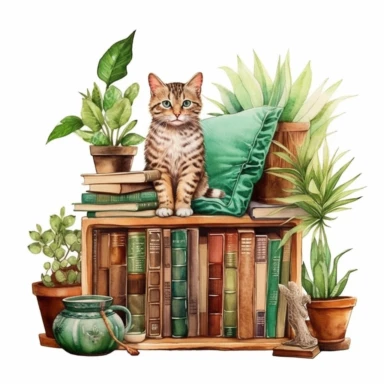A boho style cat at library corner with watercolor effect, boho furniture, details, boho colors, suitable for digital clipart, white background, boho style green plants, on the white background, hd