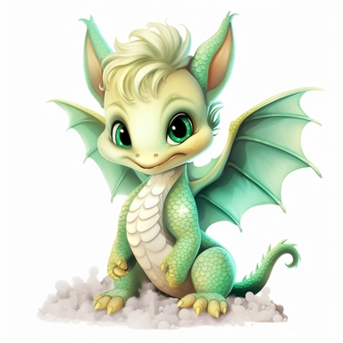 clipart white background: A delightful baby dragon with pastel green scales and sparkling emerald eyes, nestled in a charming woodland setting