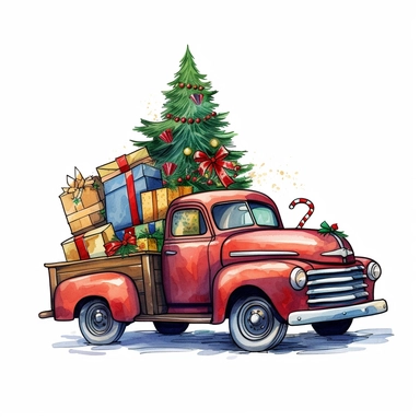 santa's truck full with presents and a christmas tree clipart, white background