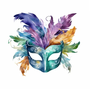 mardi gras mask clipart with watercolor illustration,full body shot,8k,etsy style, white background