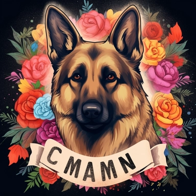 german shepherd dog surrounded by bold colorful flowers, with a scroll that says german shepherd mama, clipart style