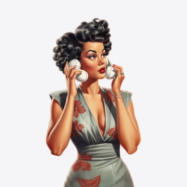 vintage 1950s illustration black woman talking to a phone Clipart, on a white background, vintage aesthetic, character focus, 4K resolution, no background, realistic rendering, use using Cinema 4D