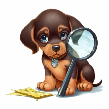 Picture a curious clipart puppy with a magnifying glass, investigating a trail of paw prints, as if on a detective adventure, against a white background.