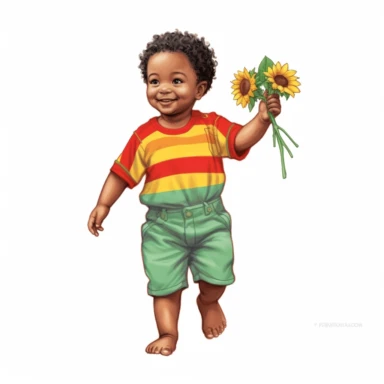 Happy baby juneteenth boy with red, green, yellow cloths and flower, full body, hand draw Illustration clipart, 4K, extremely detailed