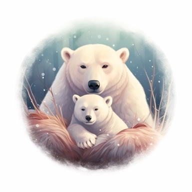 Illustrating a Polar bear family cuddled together in a snowy den. The design should convey a sense of familial warmth and the Polar bear's resilience in the face of harsh Arctic conditions. The artwork can have soft lighting and gentle colors, creating a serene atmosphere.r, that can be used as a sticker, colorful, highly detailed, white background, style of pixar clipart, white background,--no cut off edges
