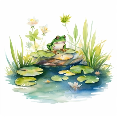 Watercolor Lily Pond Clipart - springtime cute lily pad and frog pond , white background, no text