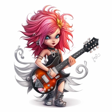 a beautiful fairy, punk rock star with guitar, cartoon, big wings, clipart, white background