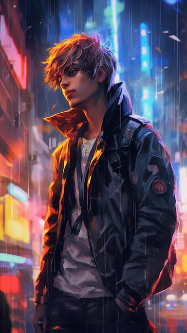 beautiful stunning pretty vintage cyberpunk anime boy, paint art style, clipart, city landscape background, superrealistic, one of a kind