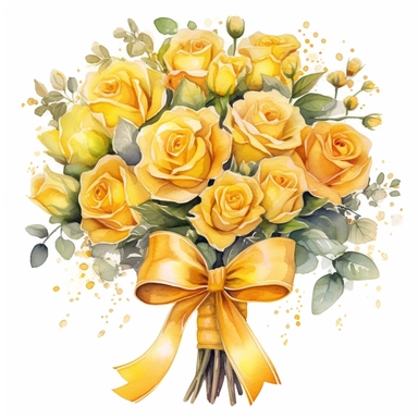 yellow roses, bouquet, tied with small bow, detailed, clip art, aquarelle