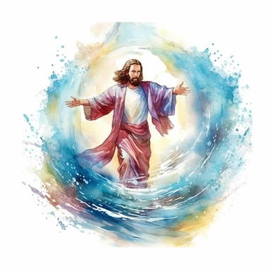 Fantasy Jesus Christ opening a river through the middle, water waves on the sides, Jesus christ in the middle, watercolor style clipart, solid white background