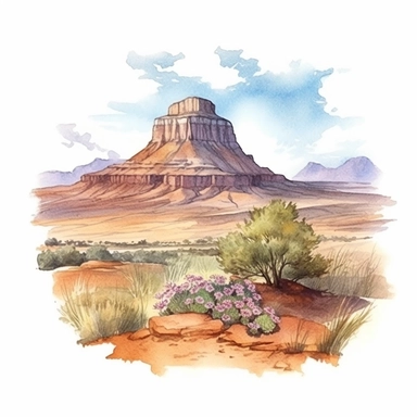 Hyperrealistic watercolor mesa and butte clipart in desert with some small shrubs in sight