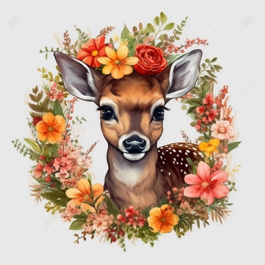 cute baby deer, full body With Flower Wreaths very vibrant colors, red mushroom, outline black, highly detailed, oilpainting clipart white backround