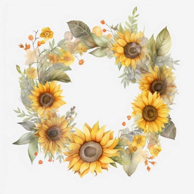 watercolor sunflower wreath on white background, in the style of muted and subtle tones, intricate floral arrangements, uhd image, subtle realism, asymmetrical framing, fawncore, wedding clipart, floral accents, no background