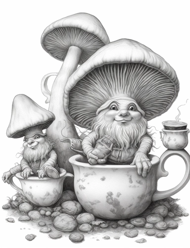 light gray and bubbles, two humanoid tea-drinking gnomes on a huge mushroom, highly detailed clipart, hdr, 32K, photo expert quality, greatest for coloring realistic, hyperrealistic and highly detailed, coloring book pages, isolated on a white background