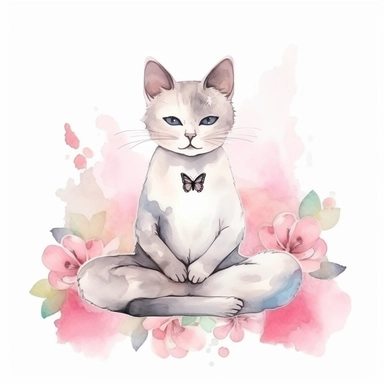 cute cat doing yoga exercise, yoga lotus flower background, watercolour clip art