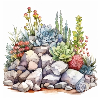 watercolor clipart of a gorgeous flower garden bed with rocks, colored pencil drawing, good composition, vector, contour, isolated white background, 16k