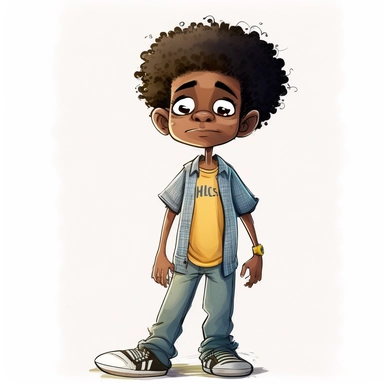 son of Draymon, 7 year old black man, illustration for children's book, multiple surprized poses and surprized expressions, 7 years old, curly black and gray faded flat top afro, large eyes, wearing blue jeans, yellow shirt, brown shoes, Watercolor Clipart, strybk, full Illustration, 4k, sharp focus, watercolor, smooth soft skin, symmetrical, soft lighting, detailed face, watercolor style, strybk, Octane rendering, 3d. Perfect face, detailed face, delicate face, perfect round lips, detailed eyes