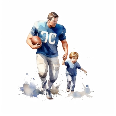 Watercolor, father and boy in blue playing American football, watercolor style clipart, solid white background