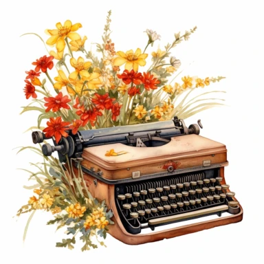 An old-fashioned typewriter, add wheats and little flowers use warm colors such as yellow, orange, green, red, high quality, watercolor art and clear lines, bright colors, clipart