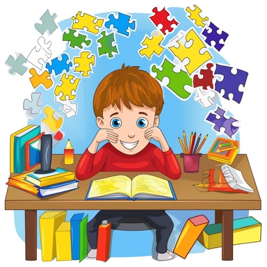An emotive autism awareness clipart showcasing a child sitting at a desk, surrounded by puzzle pieces and books, symbolizing the importance of education and learning in helping individuals on the autism spectrum reach their full potential, Contour vector art, with bright, bold colors and expressive lines,