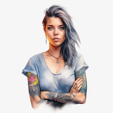 watercolor style, a beautiful girl with clearly visible tattoos, type of a creative person: graphic designer, freelancer, fashion designer, content manager or similar. Expressing freedom and self confidence. Modern and bold look. Realistic colors. Realistic picture. Tattoo of a good quality with clearly visible lines and colors - very sharp and clear. Clipart, isolated on white background, 4K